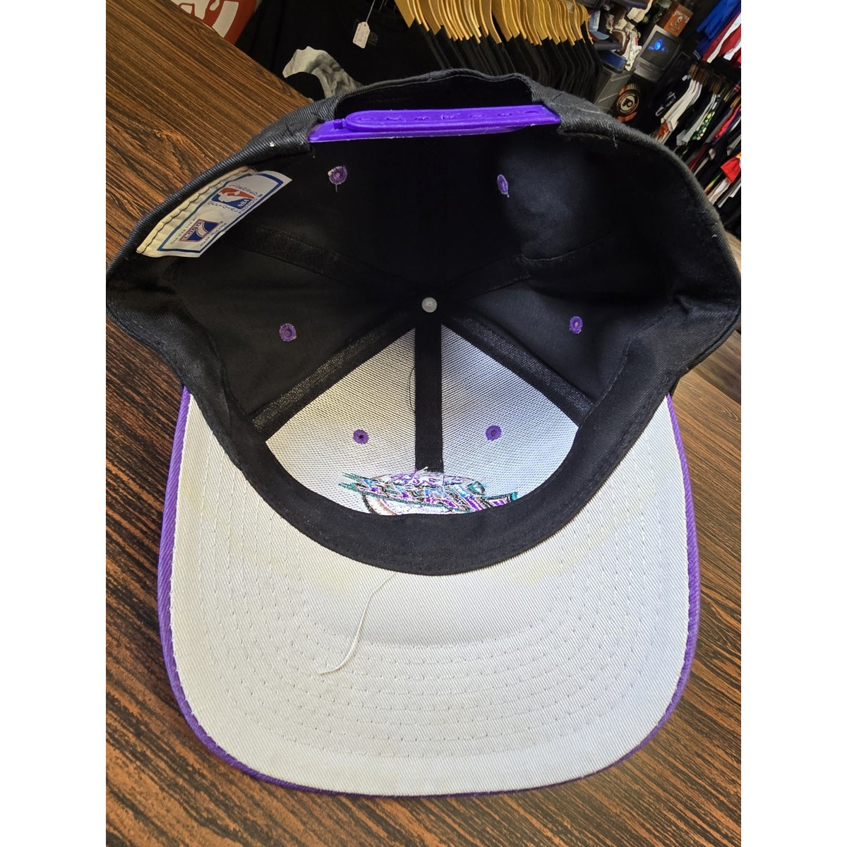 Vintage 90s Utah Jazz SnapBack Hat Mountain Logo Black Purple 2 Tone NBA Logo 7
